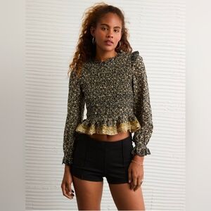 AE Long Sleeve Smocked Baby Doll Blouse